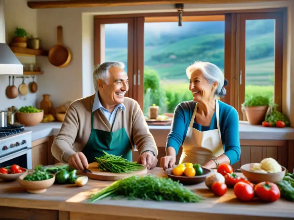 Una pareja italiana mayor, riendo cocinando juntos en una cocina campestre, irradiando longevidad con cocina italiana