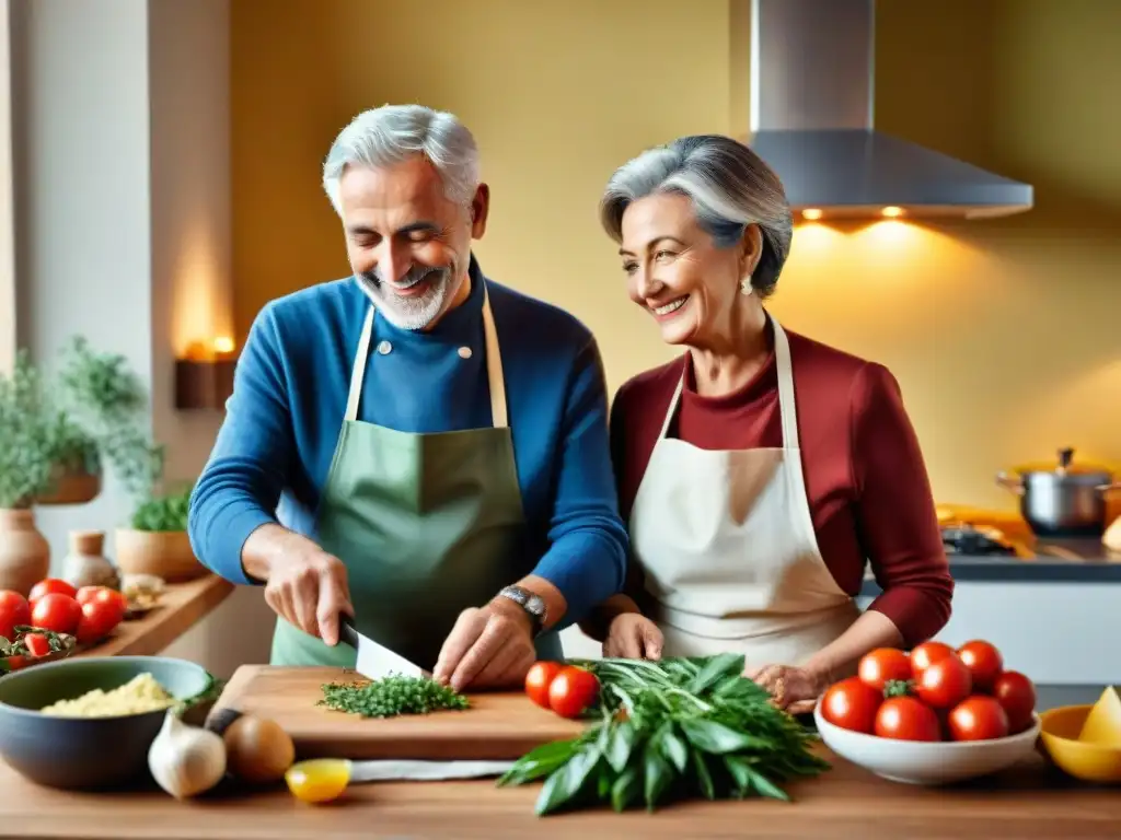 Pareja italiana mayor cocinando juntos en una acogedora cocina, creando una escena auténtica de cocina italiana beneficiosa para el corazón