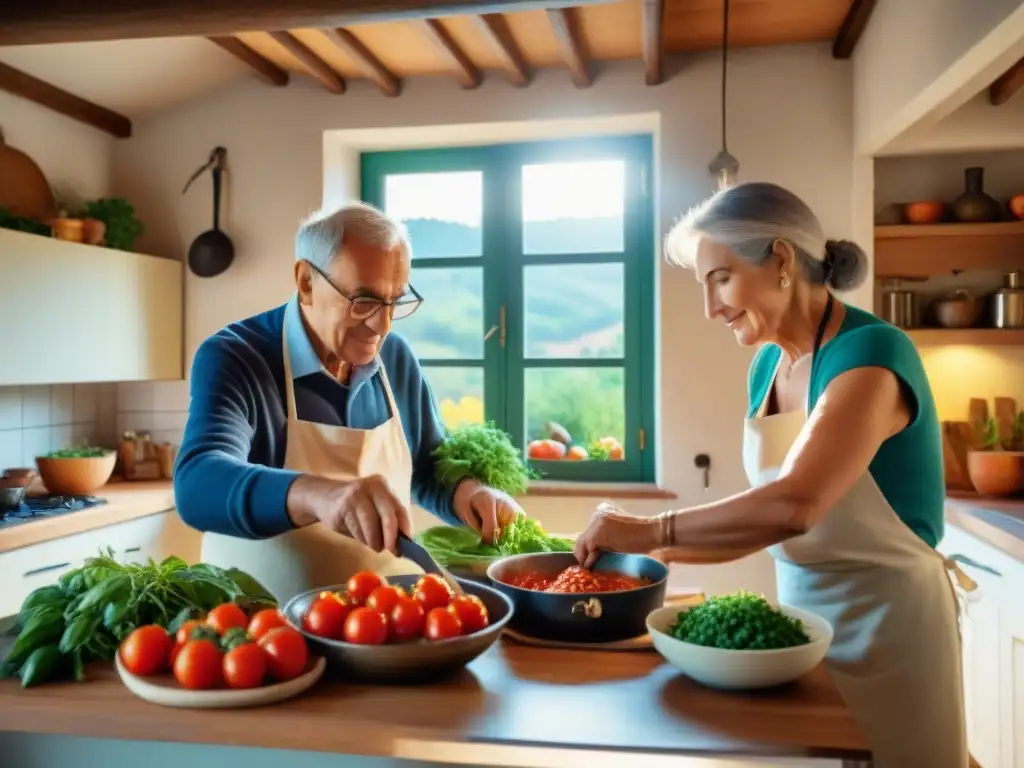 Una pareja italiana mayor trabaja unida en su cocina tradicional, rodeados de ingredientes frescos