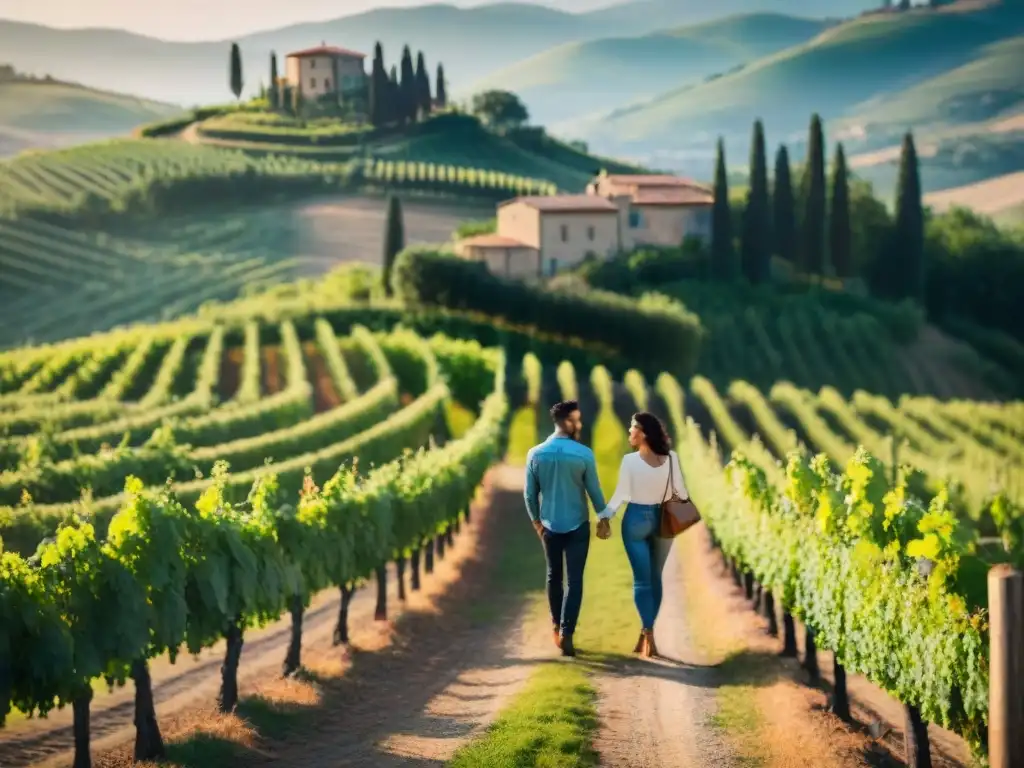 Pareja paseando entre viñedos italianos en una escapada romántica, bañados por cálida luz dorada