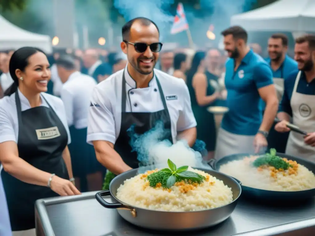 Participantes en concurso mejor risotto Milán, creando obras maestras culinarias en animado evento