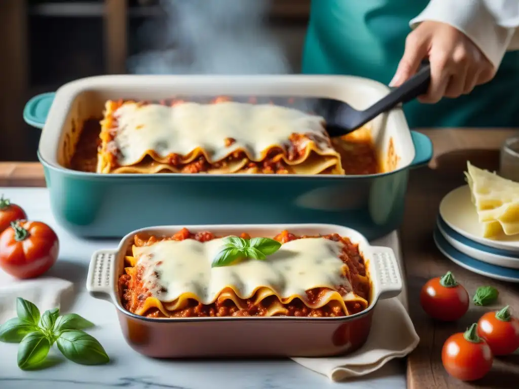 Preparando con pasión una receta auténtica de lasaña italiana en una cocina tradicional