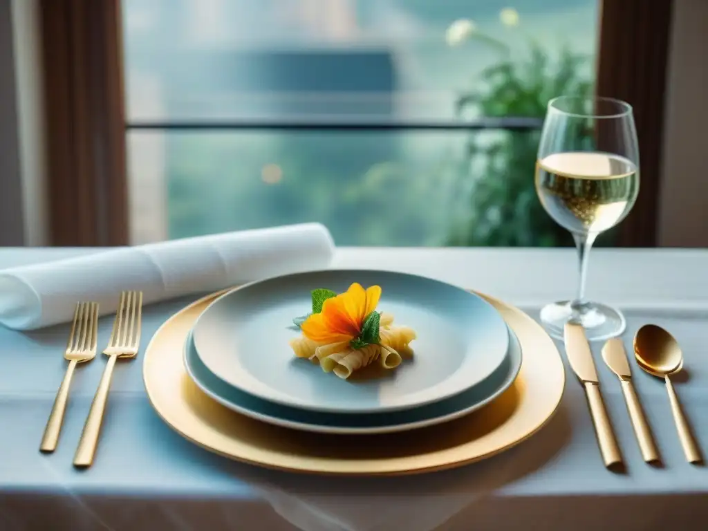 Innovando con pasta en bodas: Mesa de boda elegante con decoración exquisita en tonos blancos y dorados, platos de pasta artísticamente presentados