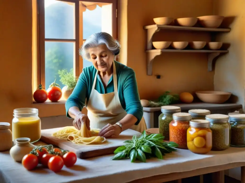 Nonna moldeando pasta fresca en cocina calabresa, con ingredientes tradicionales