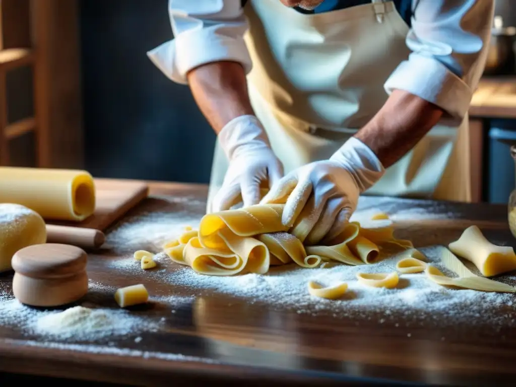 Hábil chef moldea pasta fresca en curso de cocina italiana tradicional