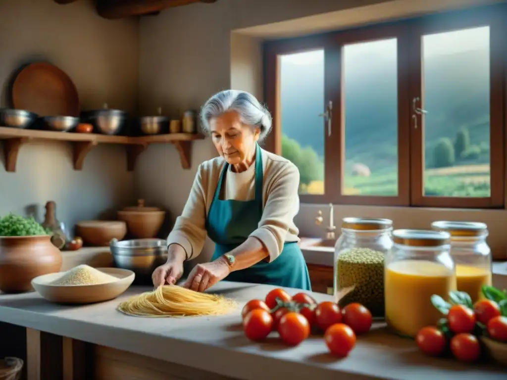 Nonna amasa pasta con ingredientes fermentados en cocina italiana, reflejando el renacimiento de la fermentación en Italia