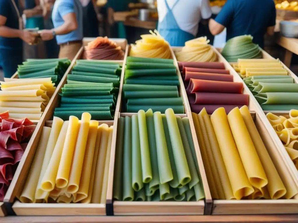 Reinvención de la pasta en Italia: mercado bullicioso con variedad de pastas frescas en cajas de madera, iluminadas por el sol