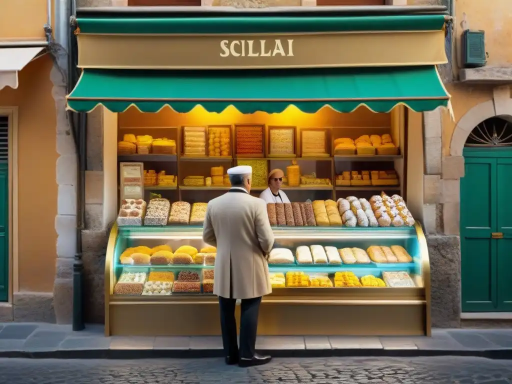 Una pastelería siciliana tradicional llena de coloridos dulces, con clientes seleccionando sus golosinas favoritas