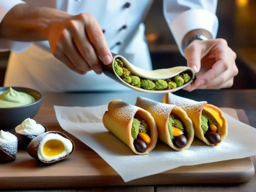 Un pastelero siciliano innovador rellena cannoli con ingredientes coloridos, creando Innovaciones en cannoli siciliano