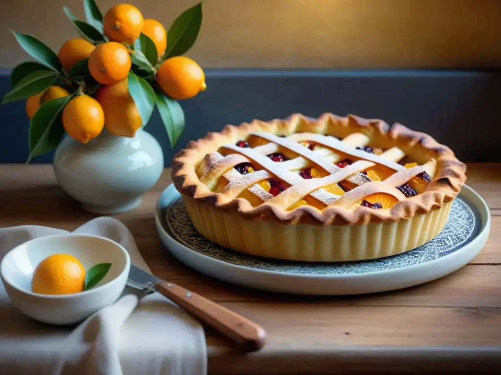 Una Pastiera Napoletana recién horneada en un plato cerámico italiano, con patrón de masa entrelazada y azúcar glas