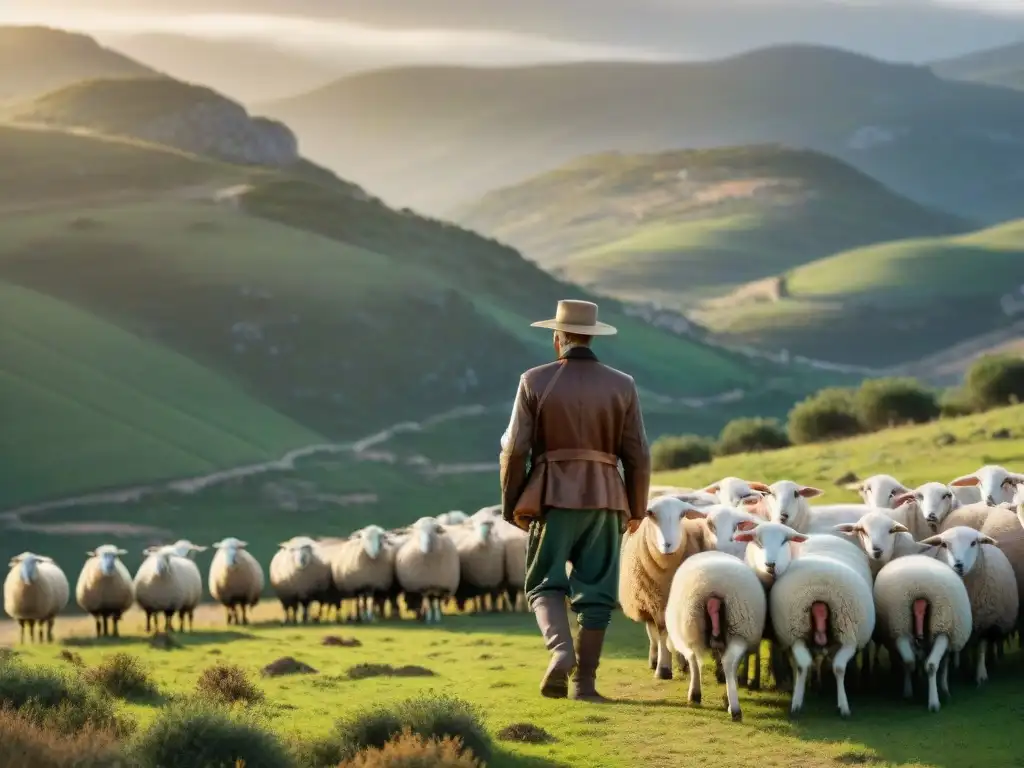 Pastor sardo guía su rebaño en paisaje montañoso, resaltando la autenticidad en la producción de platos italianos tradicionales pecorino sardo