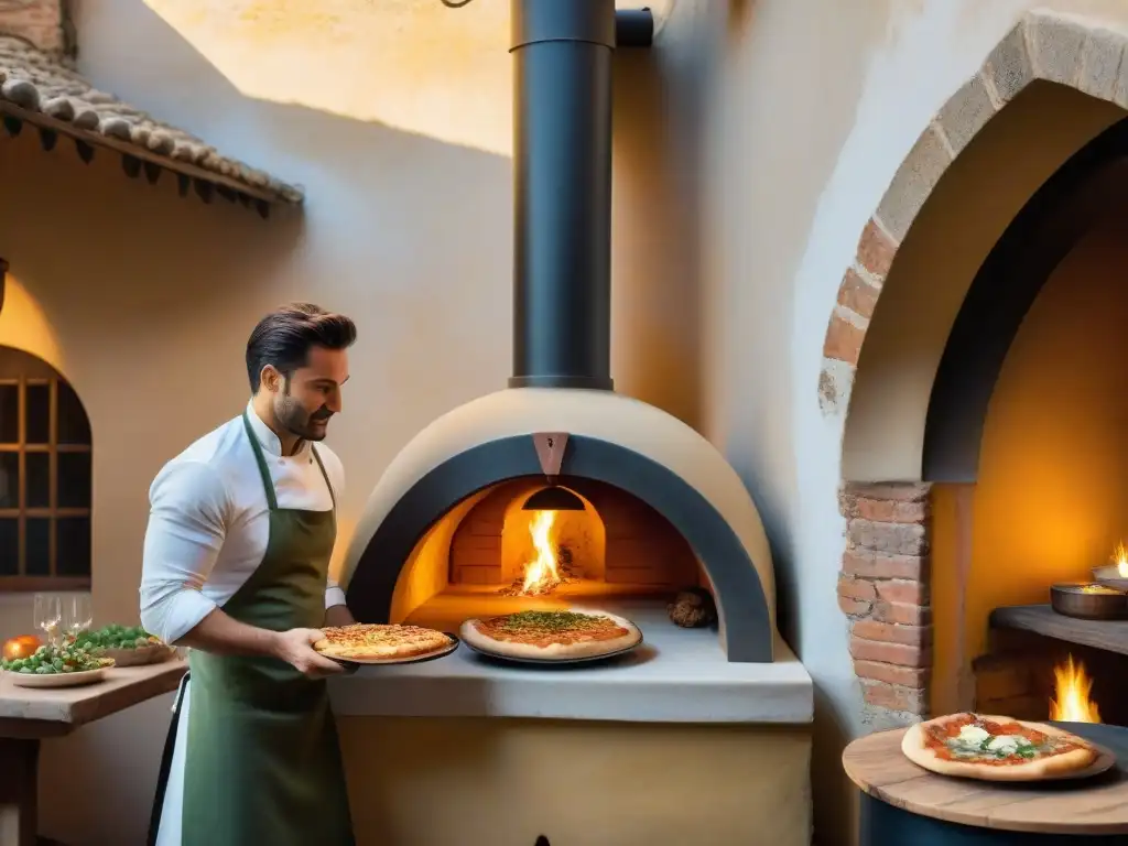 Un patio italiano rústico bañado por la luz dorada, con un horno de leña majestuoso en la esquina