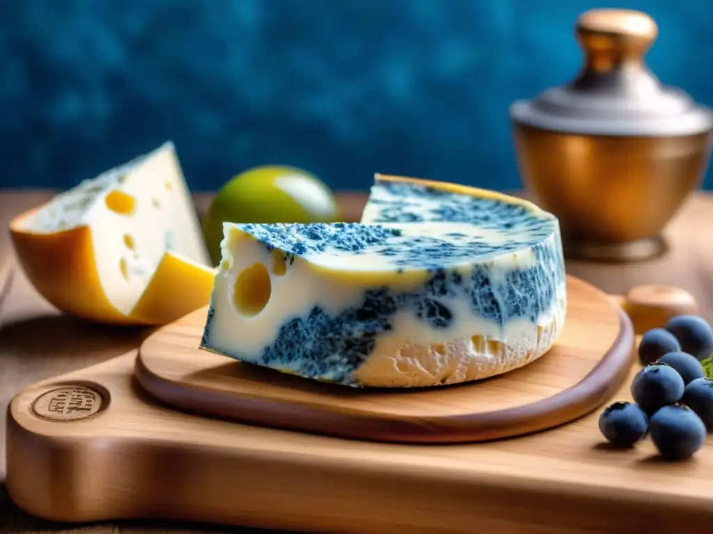 Delicioso queso Gorgonzola con vetas azules en tabla de madera Un pedazo de Gorgonzola con venas azules sobre tabla de madera, comparativa Gorgonzola Roquefort quesos azules
