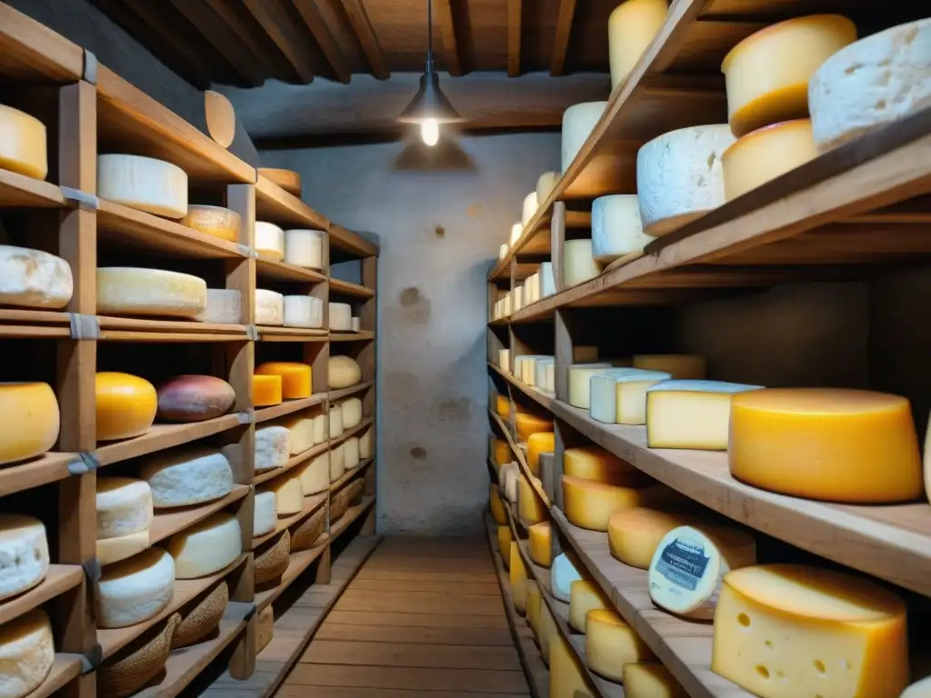 En la penumbra de una bodega, quesos italianos raros recomendados lucen sus envolturas únicas en estantes de madera