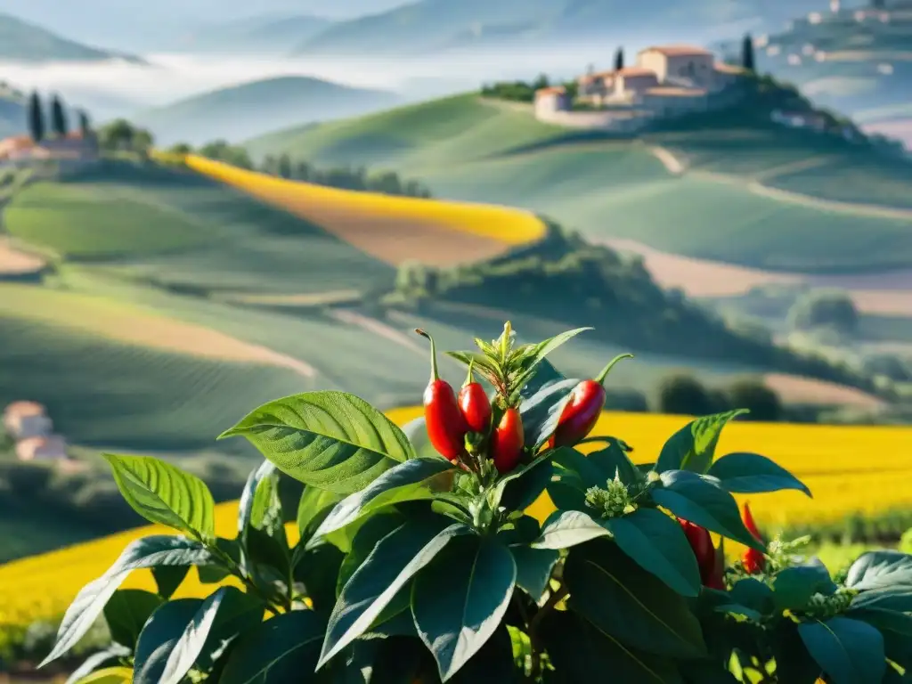 Un peperoncino rojo vibrante en la campiña italiana, con sus hojas brillantes y frutos en distintas etapas de maduración