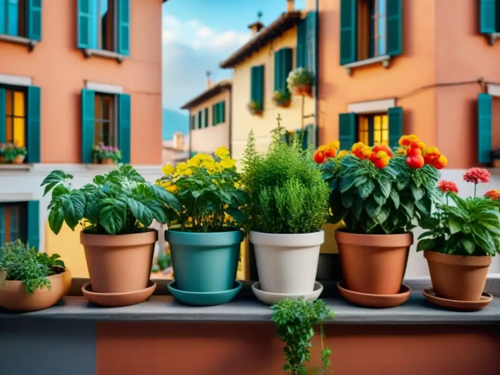 Pequeño huerto urbano italiano en balcón: hierbas, tomates y flores en macetas de terracota, con la ciudad al fondo