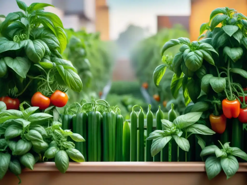 Un pequeño huerto urbano rebosante de ingredientes para cocina italiana: albahaca, tomates, orégano y pimientos