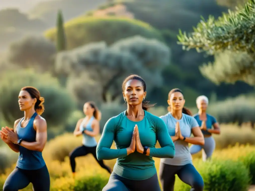 Personas disfrutan de una clase de fitness al aire libre en un olivar mediterráneo al sol dorado, simbolizando los Beneficios aceite oliva premium