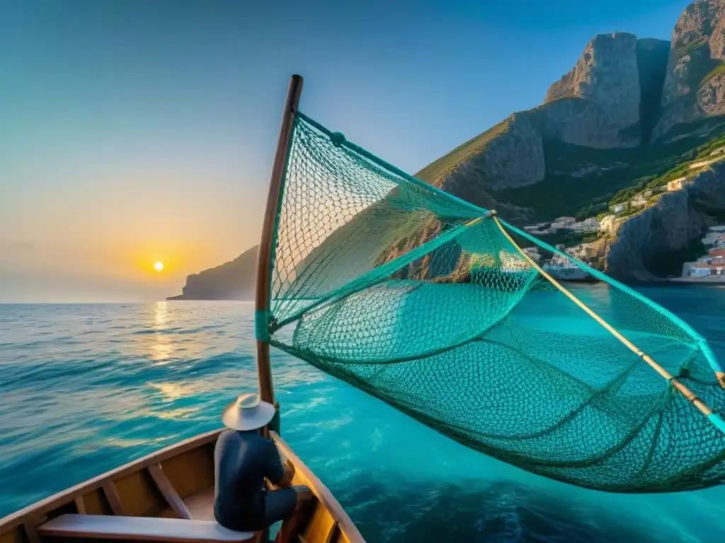 Un pescador experto lanza su red en aguas turquesas de las islas Eolias al atardecer, reflejando la rica tradición pesquera