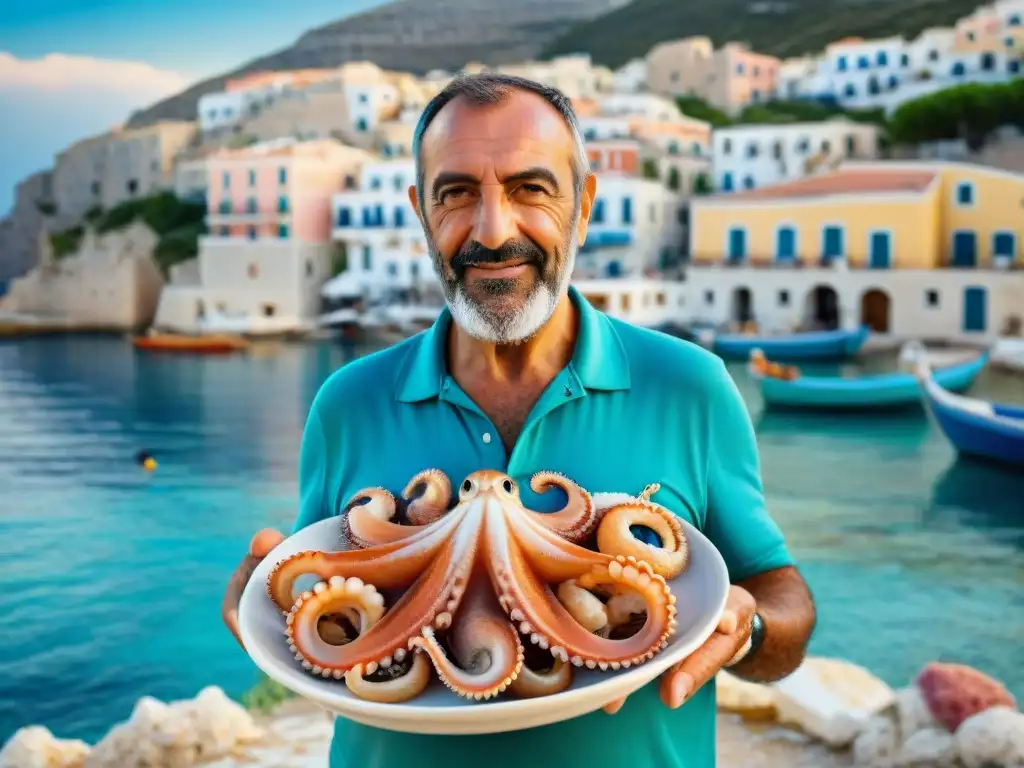 Pescador griego exhibiendo un pulpo fresco en un pintoresco pueblo costero del sur de Italia, mostrando la influencia griega en cocina italiana