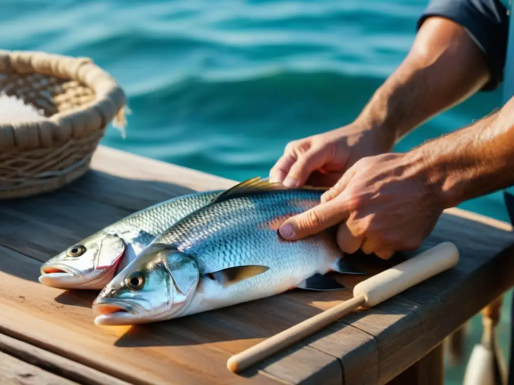 Un pescador italiano experto salando pescado fresco con técnica tradicional en Italia