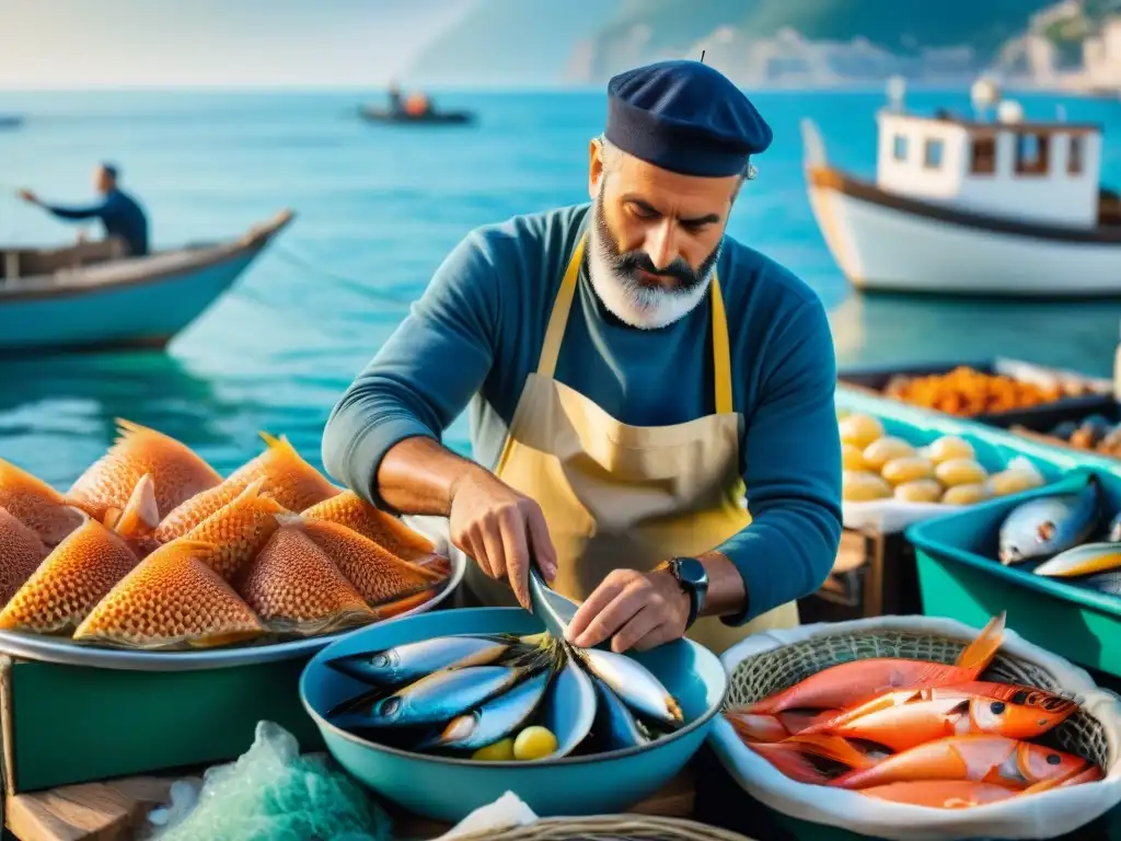 Un pescador italiano selecciona mariscos frescos en un bullicioso mercado de pescado en la costa