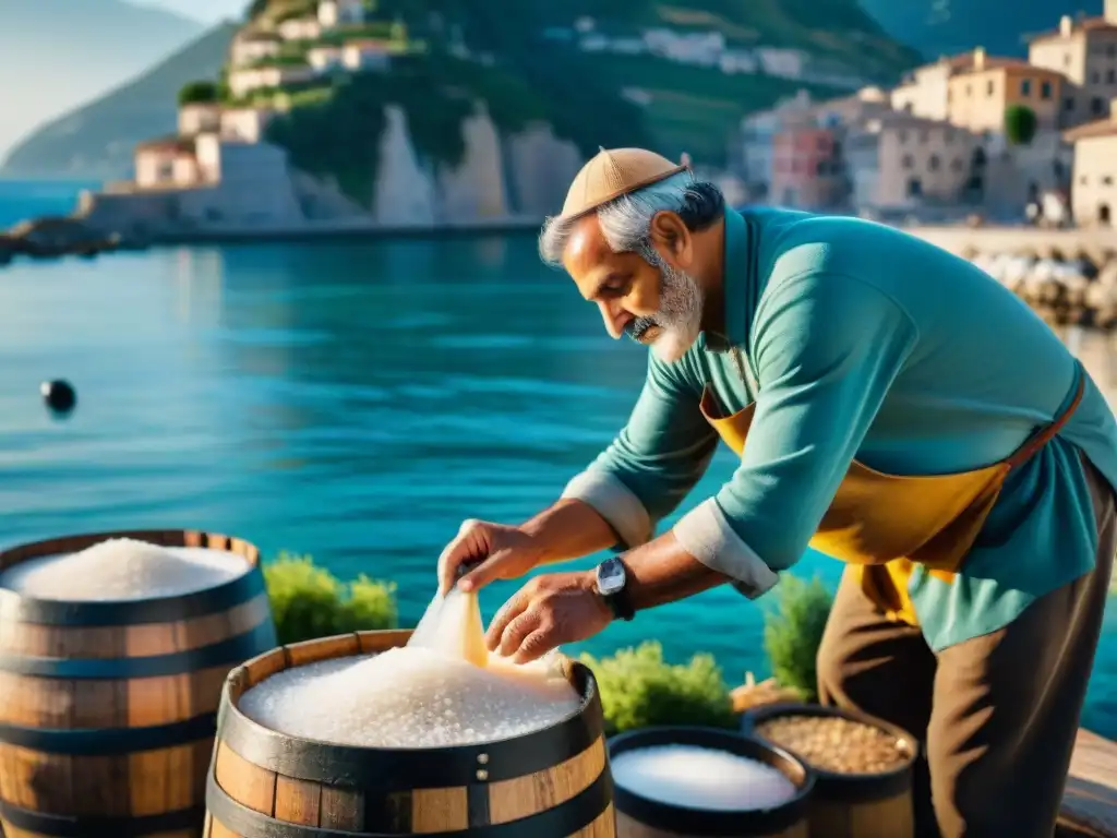 Un pescador italiano preserva pescado con sal en barriles de madera al atardecer