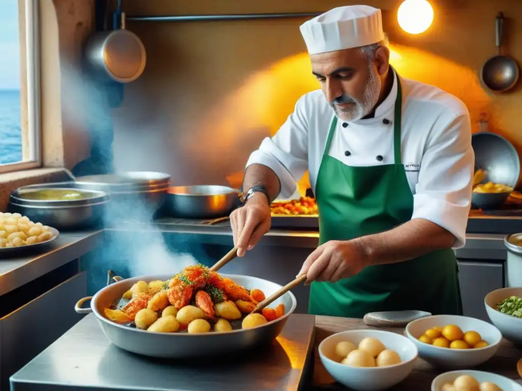 Un pescador italiano preparando delicadamente la receta pesce fritto al cono frente al mar