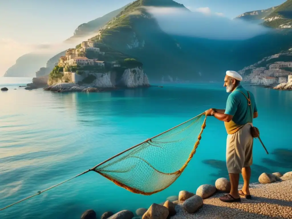 Pescador italiano lanzando red en el mar al amanecer, reflejando prácticas de pesca sostenible en una pintoresca villa costera