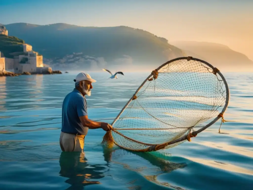 Un pescador italiano lanza su red en el mar Mediterráneo al atardecer, reflejando la tradición y la calma de los Platos de mar italianos saludables