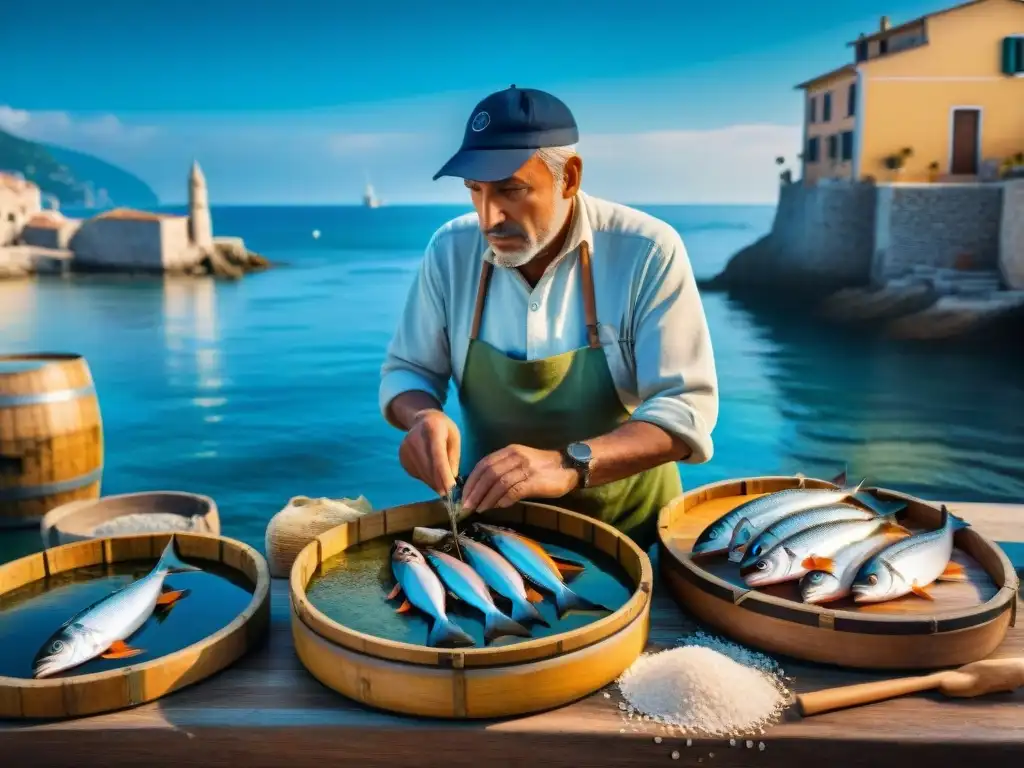 Un pescador italiano tradicional preserva pescado con sal en un pintoresco pueblo costero