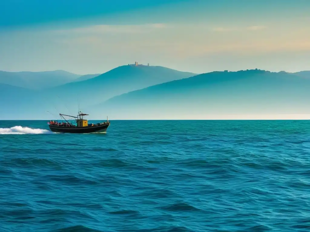 Un pescador lanza su red desde un bote pesquero italiano en Livorno, con la costa toscana al fondo, ofreciendo un sabor auténtico cacciucco livornese