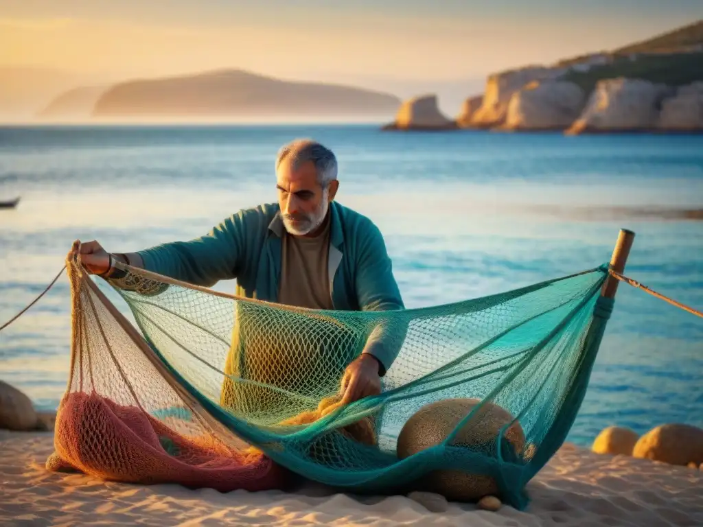 Pescador sardo desenredando red al amanecer en el mar Mediterráneo