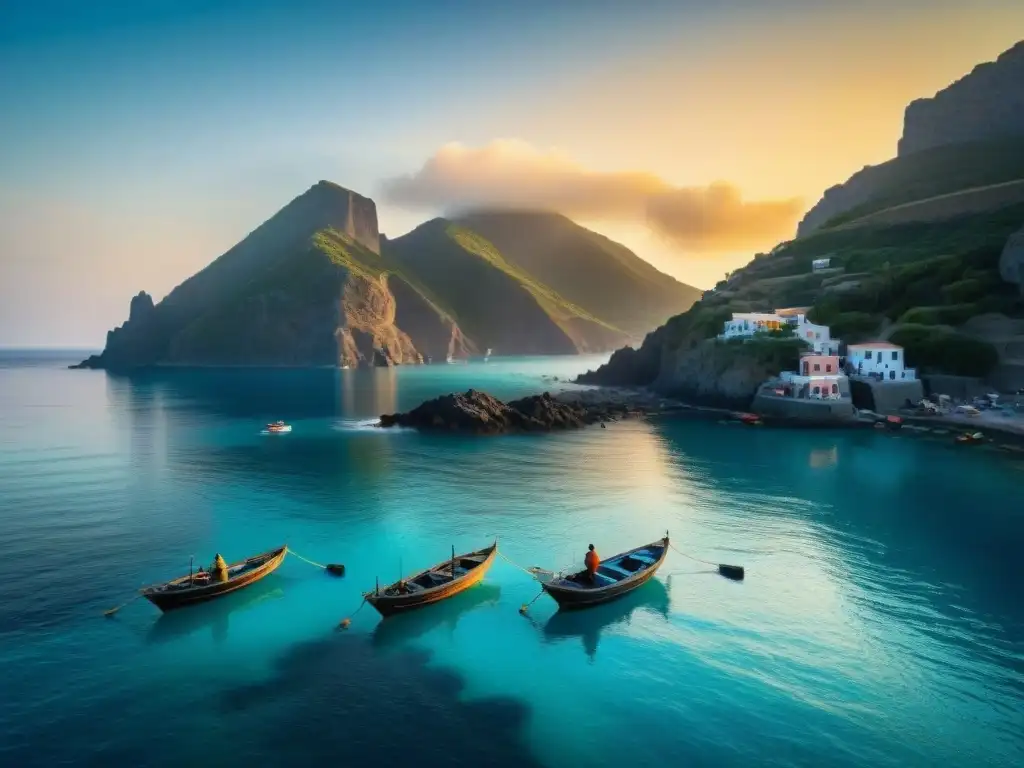 Pescadores locales en barcos de madera en las islas Eolias al amanecer, lanzando sus redes en aguas turquesas