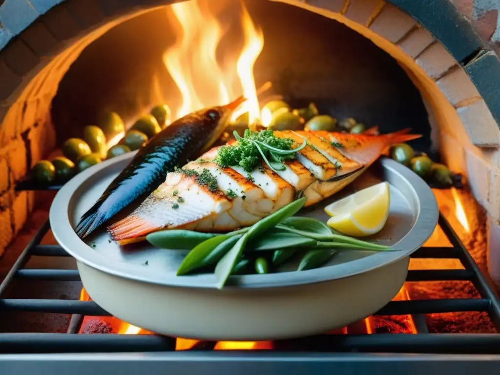 Pescados y mariscos al horno en un horno de leña tradicional, cocinándose a la perfección sobre las llamas abiertas