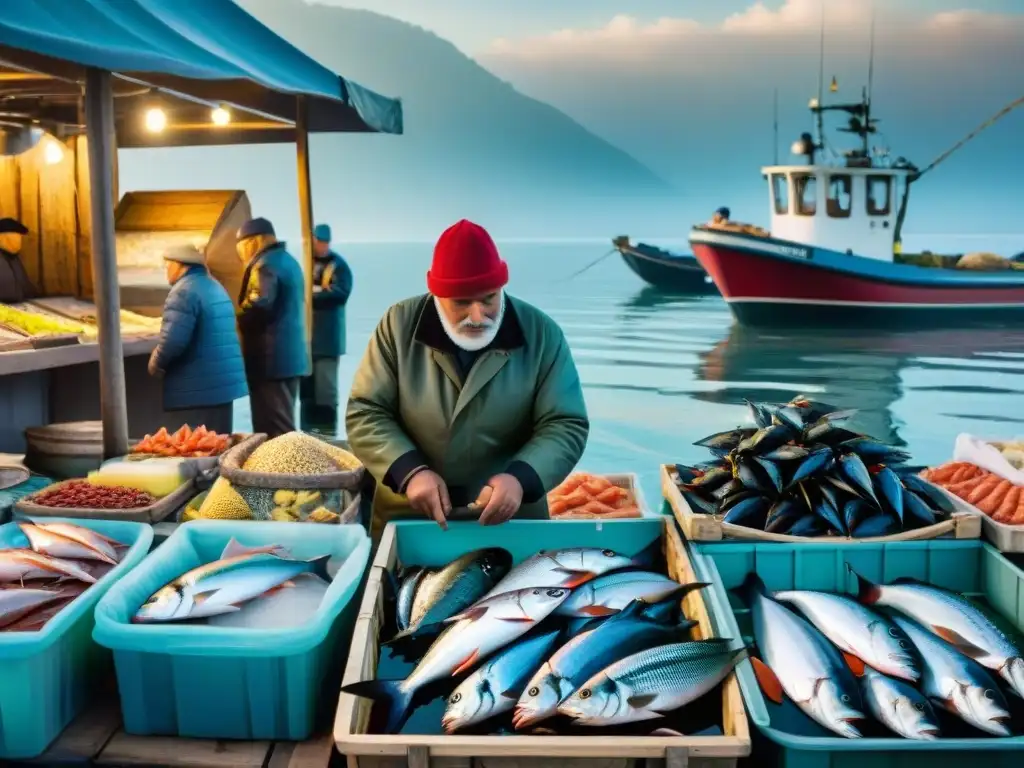 Pescados y mariscos sostenibles en un bullicioso mercado italiano, con pescadores locales y clientes intercambiando productos frescos