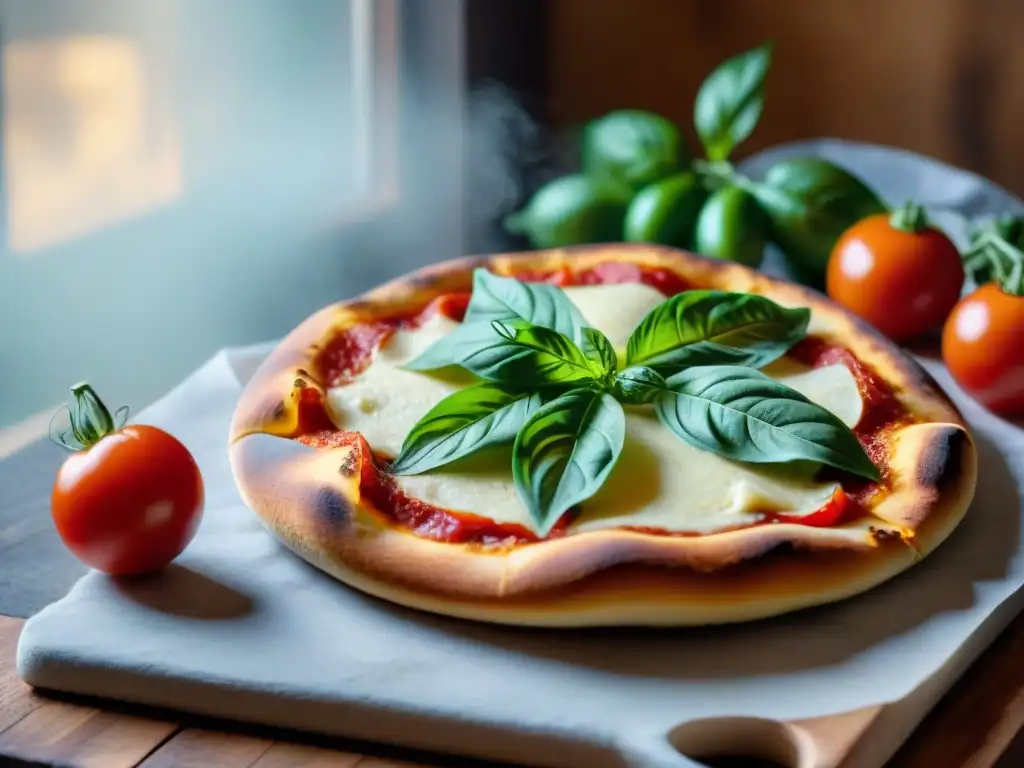 Piedra de hornear para pizza envejecida con grietas y marcas, sobre mesa de madera rústica, ingredientes frescos alrededor