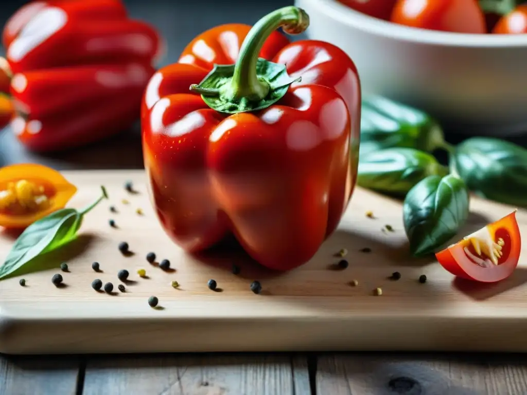 Un pimiento rojo italiano abierto con semillas y agua, rodeado de vegetales frescos