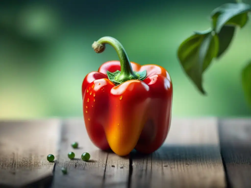 Un pimiento rojo italiano recién cosechado, brillante y fresco, rodeado de gotas de agua en un entorno rústico