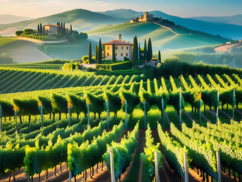 Una pintoresca viña en la Toscana, Italia, bañada por el cálido sol, donde agricultores cosechan uvas a mano