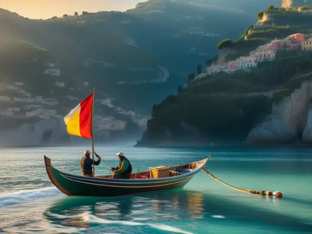 Un pintoresco bote de pescador italiano surca tranquilas aguas mediterráneas al atardecer, con redes y banderas al viento