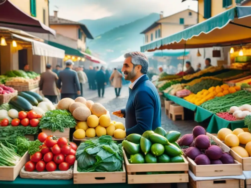 Pintoresco mercado italiano con vendedores y clientes, mostrando ingredientes frescos