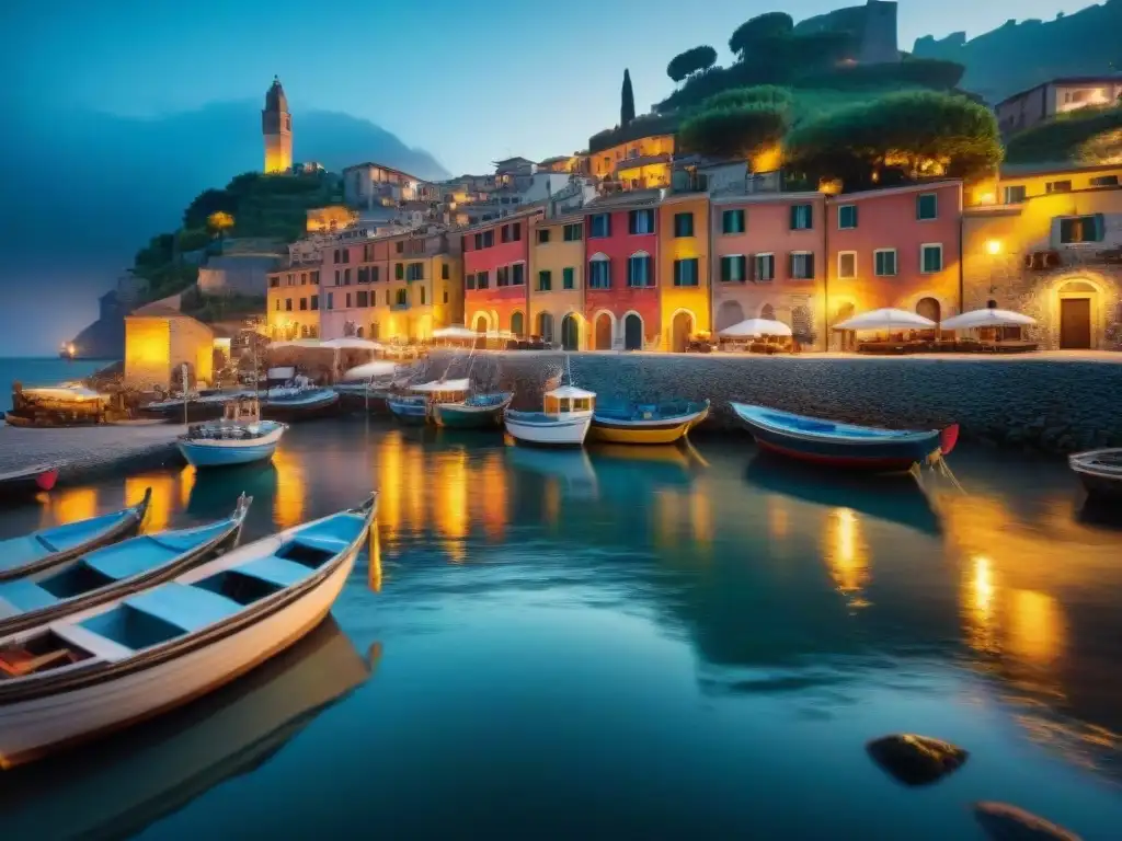 Pintoresco pueblo pesquero italiano al atardecer con barcos, pescadores y calles iluminadas por la cálida luz del atardecer