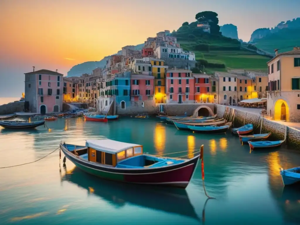 Pintura detallada de una aldea costera italiana al amanecer, pescadores salando pescado fresco para conservarlo