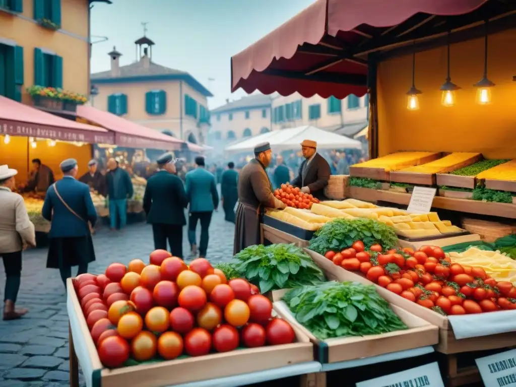 Pintura detallada de un bullicioso mercado italiano durante el Renacimiento, mostrando ingredientes coloridos y clientes admirando los puestos