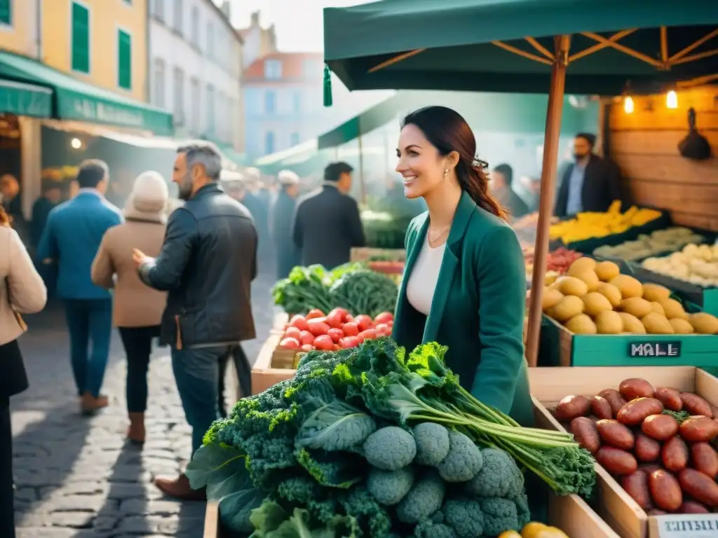 Pintura detallada de un bullicioso mercado al aire libre en Lisboa, Portugal, con ingredientes típicos para la sopa Caldo Verde