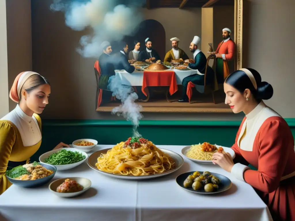 Una pintura al óleo detallada y vibrante del Renacimiento italiano, evocando la evolución de la cocina italiana en arte