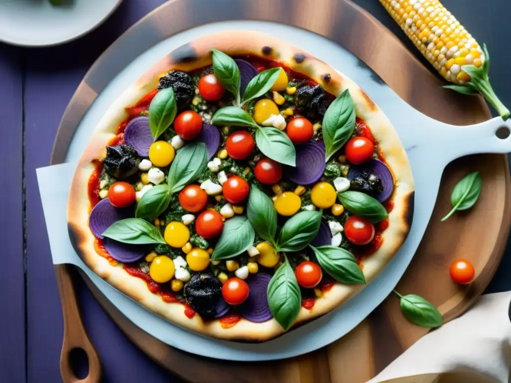 Pizza creativa con ingredientes vibrantes y arte culinario en una tabla de madera rústica