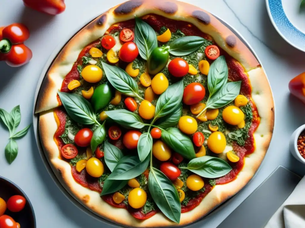 Pizza creativa: obra de arte culinario con pimientos, tomates, pepperoni, queso fundido y orégano