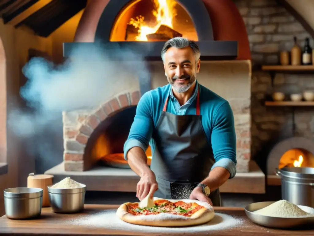 Transformación de la pizza en gastronomía: Pizzaiolo experto lanzando masa al aire con horno y ingredientes frescos de fondo